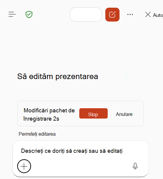 Captură de ecran care arată înregistrarea competențelor în curs de desfășurare în Copilot în PowerPoint.