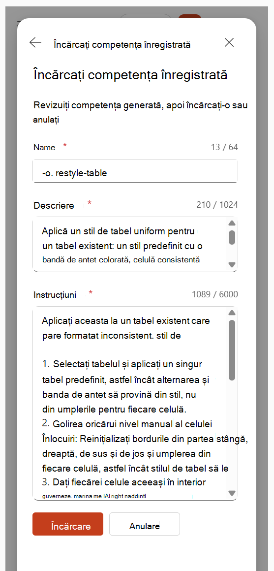 Captură de ecran care arată revizuirea numelui abilității generate, a descrierii și a instrucțiunilor înainte de încărcare.