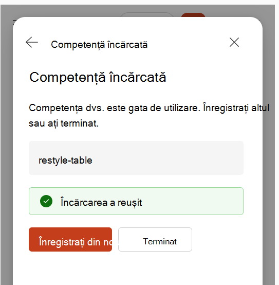 Captură de ecran care afișează confirmarea abilității încărcate după înregistrarea unei abilități.