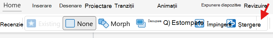 Captură de ecran afișând diverse opțiuni de tranziții