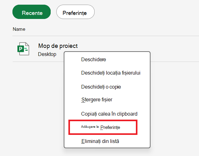 Captură de ecran care afișează Adăugare la preferințe.