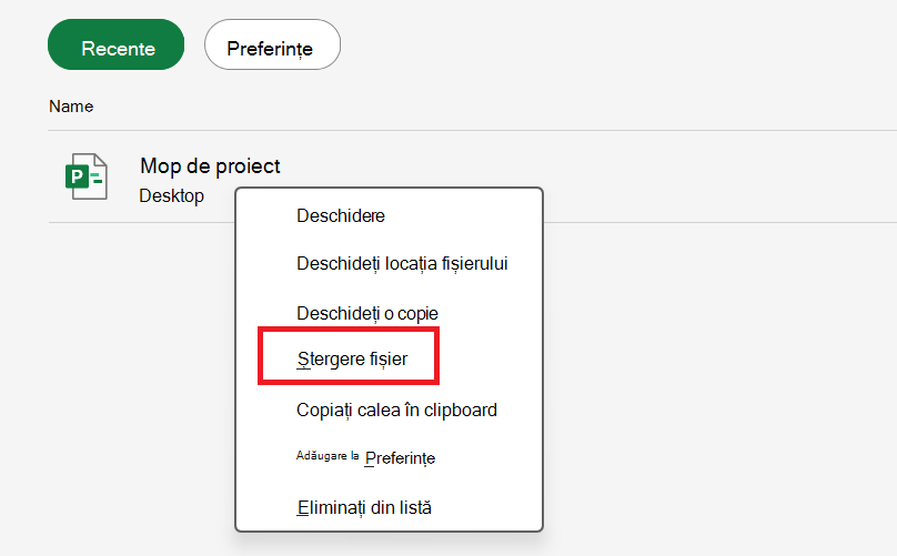 Captură de ecran care afișează opțiunea Ștergere fișier.