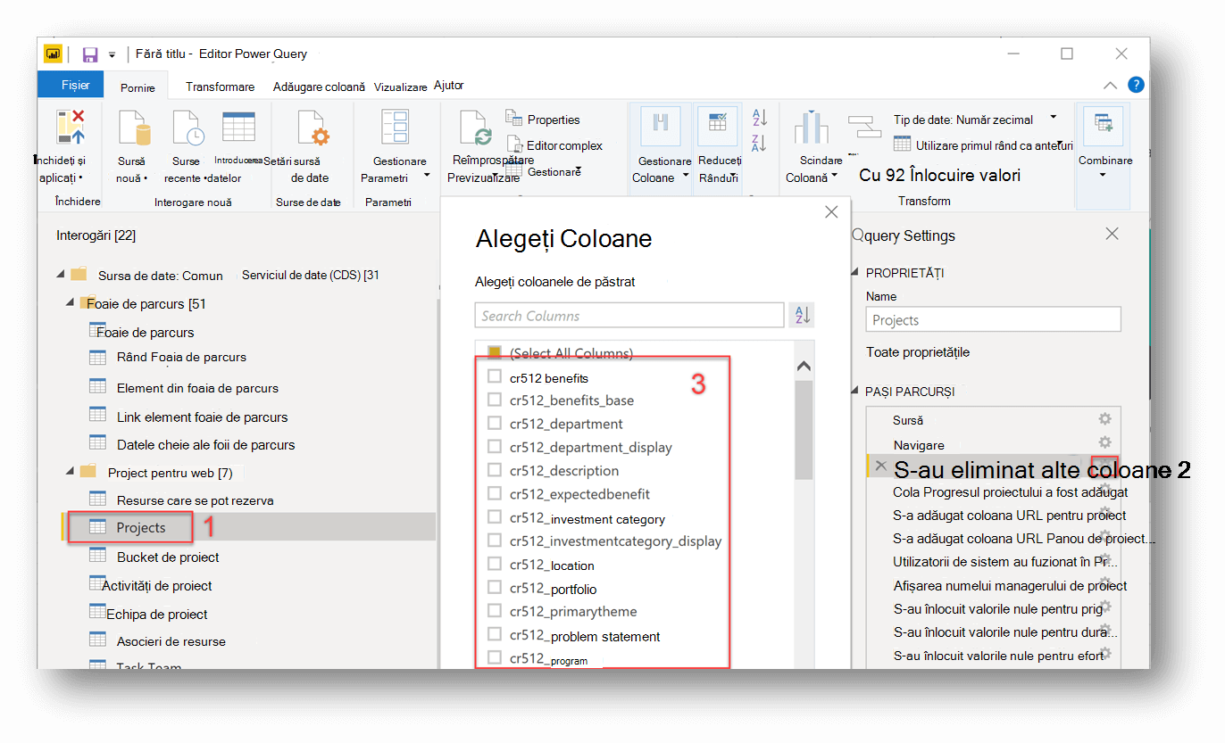 Editorul de interogări Power BI cu secțiuni numerotate pentru a arăta cum se adaugă coloanele. Numărul 1 afișează Proiecte sub Interogări; numărul 2 arată ce listări trebuie eliminate sub Pași parcurși, iar numărul 3 arată câmpurile particularizate pe care o organizație le-a adăugat la entitatea sa Proiecte.