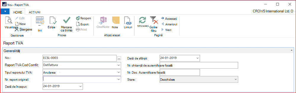 Captură de ecran pentru un nou raport TVA