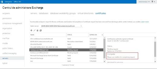 Panoul de certificate din centrul de administrare Exchange după ce a fost eliminată acțiunea Finalizare solicitare