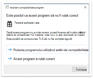 Fereastră pop-up Asistent compatibilitate programe după închiderea aplicației