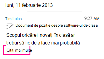 Captură de ecran cu mesajul instant articol restrâns, având evidențiată solicitarea Aflați mai multe