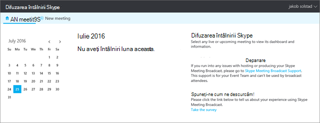 O imagine a portalului pentru Difuzarea întâlnirii Skype