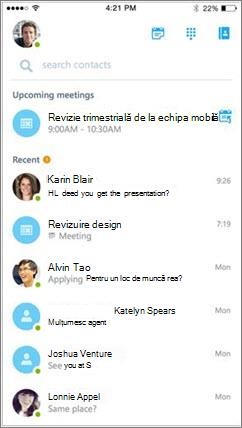 Ecranul de pornire Skype for Business pentru iOS
