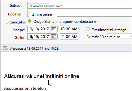 Captură de ecran a unei casete de dialog de întâlnire, afișând linkul Asociați-vă la întâlnirea online.
