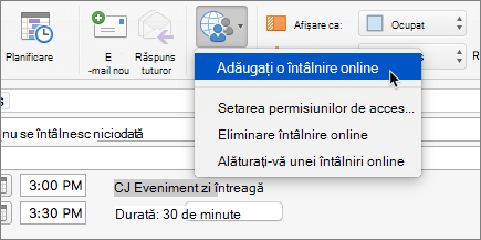 Captură de ecran a unei solicitări de întâlnire cu Adăugați o întâlnire online selectată în panglică.