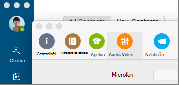 Captură de ecran a ecranului Preferințe Skype for Business, cu panoul Audio/Video selectat.