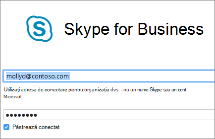 Captură de ecran a ecranului de conectare Skype for Business.