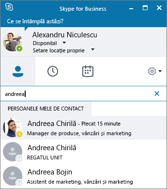 Captură de ecran a ferestrei Skype for Business în timp ce se caută o persoană de contact de adăugat.