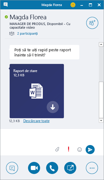 Captură de ecran a unei ferestre de mesaje instant cu o atașare primită.