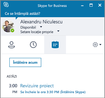 Captură de ecran a filei Întâlniri din fereastra Skype for Business.