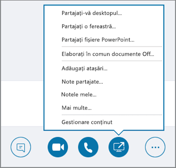 Captură de ecran a meniului deschis Partajați conținut.