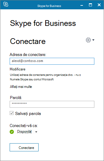Captură de ecran cu ecranul de conectare Skype for Business.