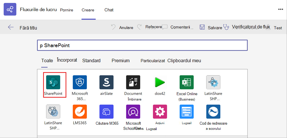 Captură de ecran cu selectarea aplicației SharePoint