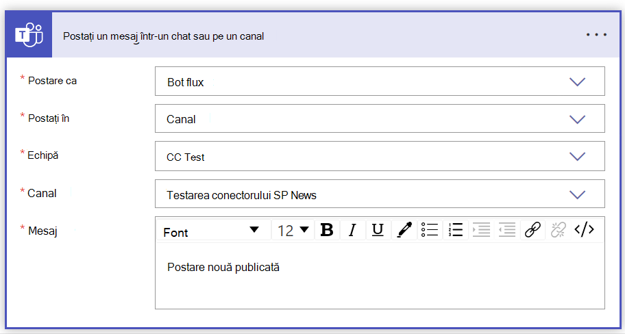 Captură de ecran a postării mesajului în formularul canalului de chat completat