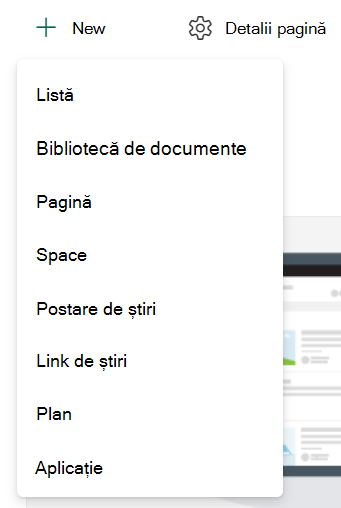 Captură de ecran cu crearea unei liste sau biblioteci noi