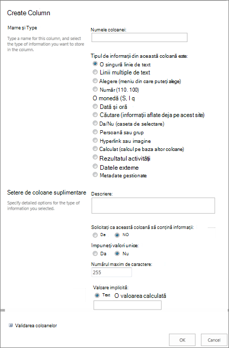 Caseta de dialog Creare coloană