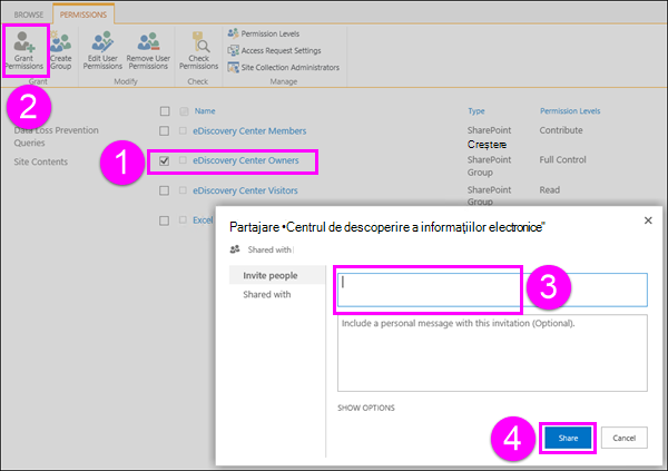 Dialogul Acordați permisiuni pentru a adăuga utilizatori la grupul Proprietari ai Centrului eDiscovery