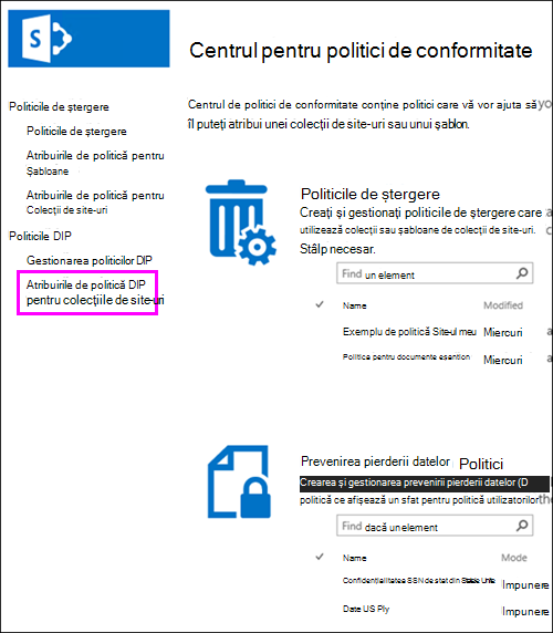 Opțiunea Atribuiri de politică pentru colecțiile de site-uri
