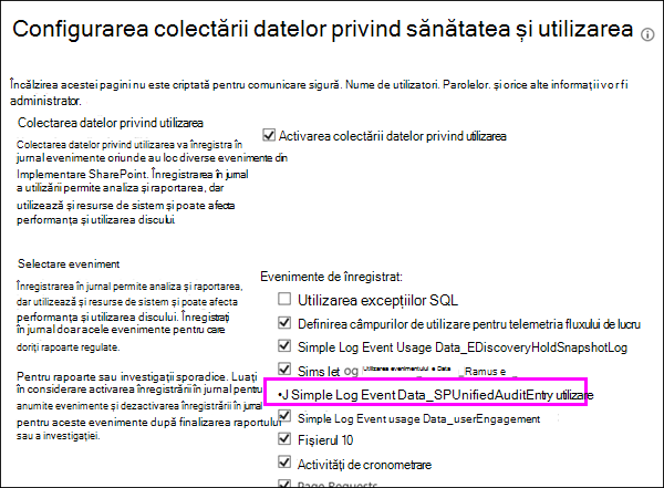 Opțiunea de a activa jurnalele de utilizare DLP
