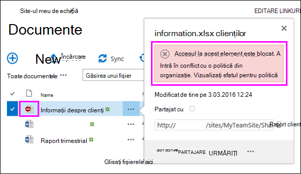 Sfat pentru politică ce afișează accesul blocat la document