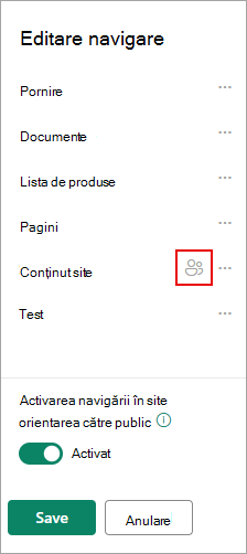 Sub navigarea Editare, o pictogramă confirmă linkurile țintă.