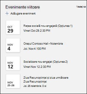 Previzualizarea părții web Evenimente.