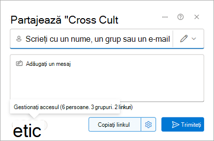 Caseta de dialog Partajare care afișează persoanele cu care este partajat un fișier.