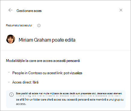 Caseta de dialog Rezumat Access care afișează detaliile permisiunii de fișier pentru o persoană.