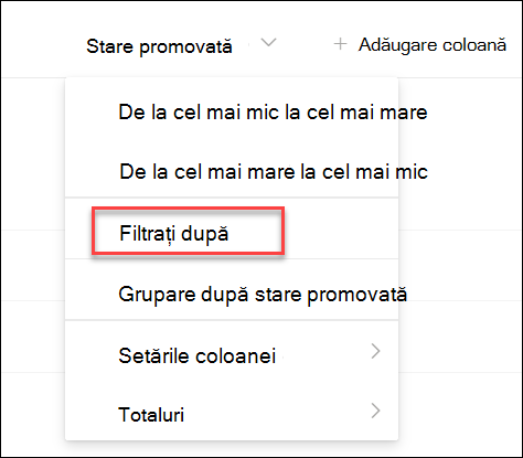 captură de ecran a Filtrării după starea promovată