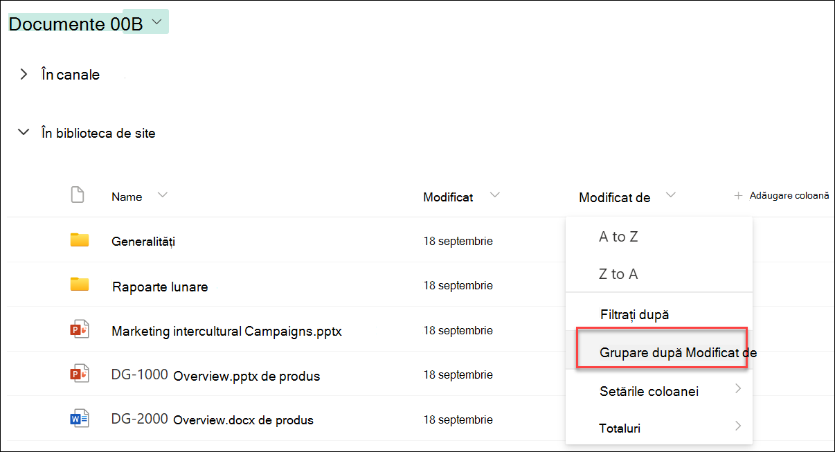Captură de ecran a grupării după numele coloanei