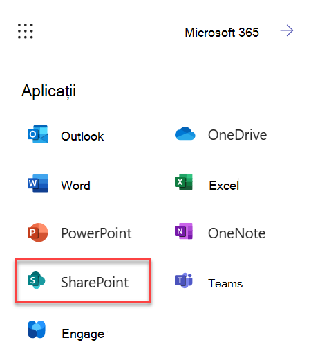 Captură de ecran despre lansarea SharePoint din M365