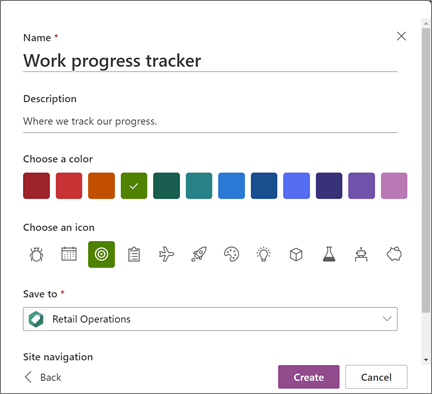 Captură de ecran cu introducerea unui nume de listă și selectarea unui site SharePoint ca locație în care să salvați o listă atunci când creați o listă
