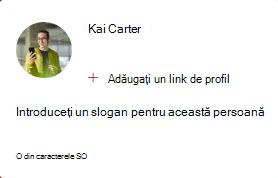Imaginea afișează o fișă Medium People, care vă permite să Adăugați un link de profil și să introduceți o linie de etichetă pentru această persoană. Sloganul poate avea până la 50 de caractere.