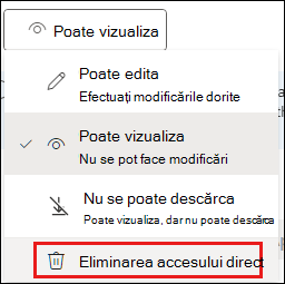 Captură de ecran a permisiunilor de partajare cu eliminarea accesului direct evidențiat.