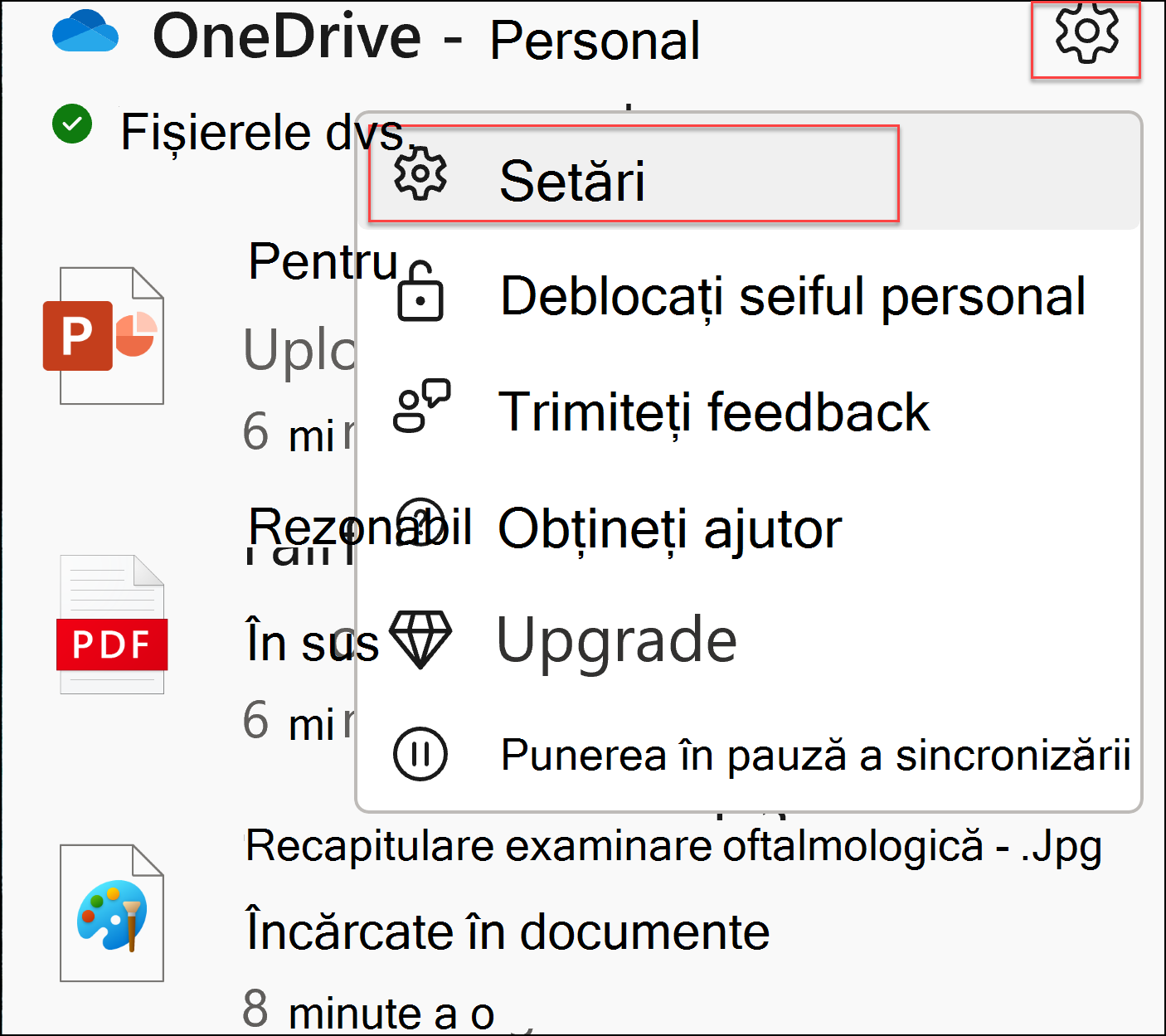 Captură de ecran cu setările OneDrive