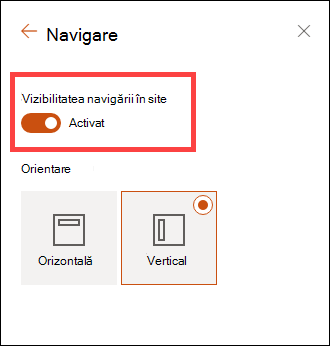 Accesarea opțiunilor de vizibilitate a navigării în site prin setări.