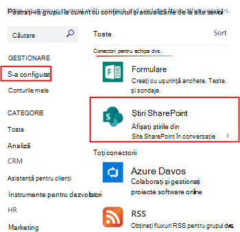 Se afișează Știri SharePoint configurate pentru un canal Teams