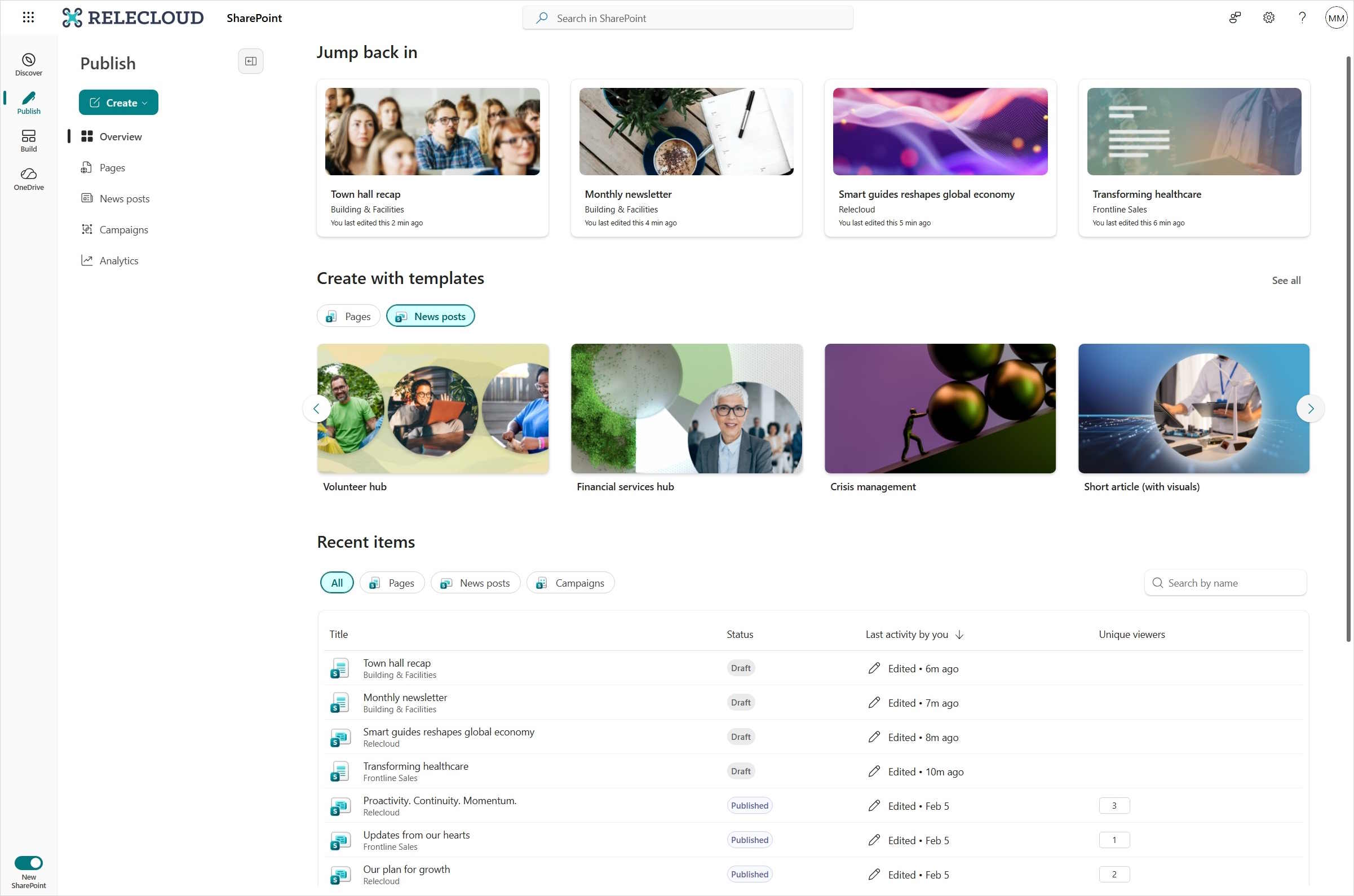 Captură de ecran a experienței de publicare SharePoint afișând un salt înapoi în secțiuni, șabloane și elemente recente