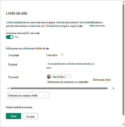 Captură de ecran afișând pagina Limbi site din SharePoint.