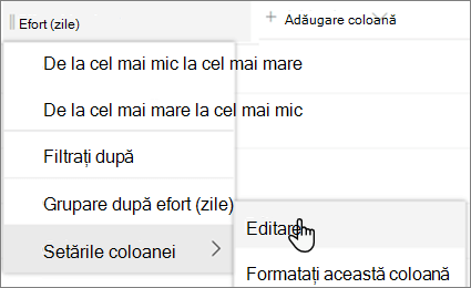 Panoul Editare coloană din SharePoint cu opțiunea Ștergere selectată