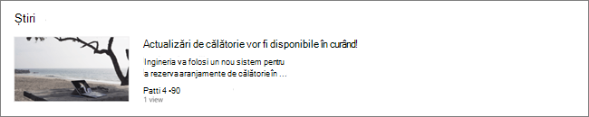 Captură de ecran a părții web Știri a unui site SharePoint, unde publicările au fost filtrate