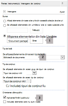 Listă de proprietăți a părții Web Interogare conținut cu trei explicații