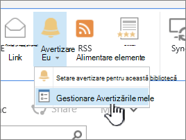 Butonul Gestionare avertizare SharePoint 2016 evidențiat
