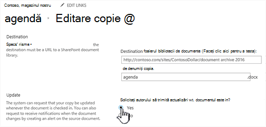 Faceți clic pe Da în secțiunea Solicitați autorului să trimită actualizări atunci când documentul este verificat